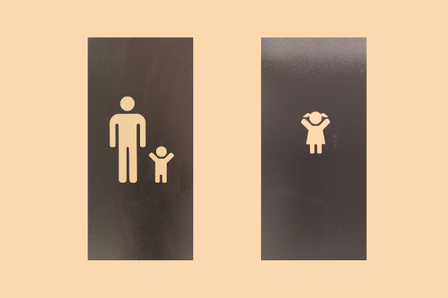 Значки на дверях в крупном ТЦ Москвы. Мальчикам только с папами, а девочки могут самостоятельно:)