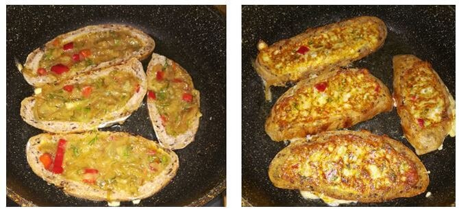 Обжаривание кусочков хлеба с наполнителем из белков яиц