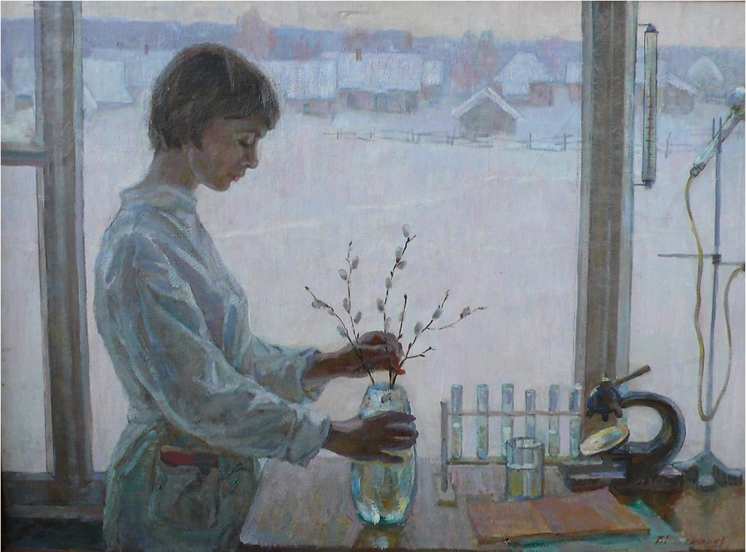 Виталий Рассыпнов "Утро в сельской лаборатории". 
Картина из коллекции Галереи "Арт-Гнездо"