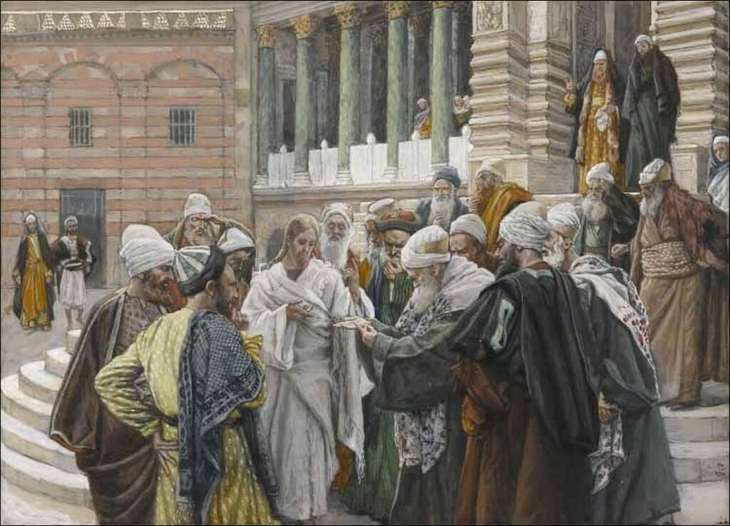 Иисус в Храме, спор и фарисеями и саддукеями (картина Джеймса Тиссо, 1896, из открытых источников)