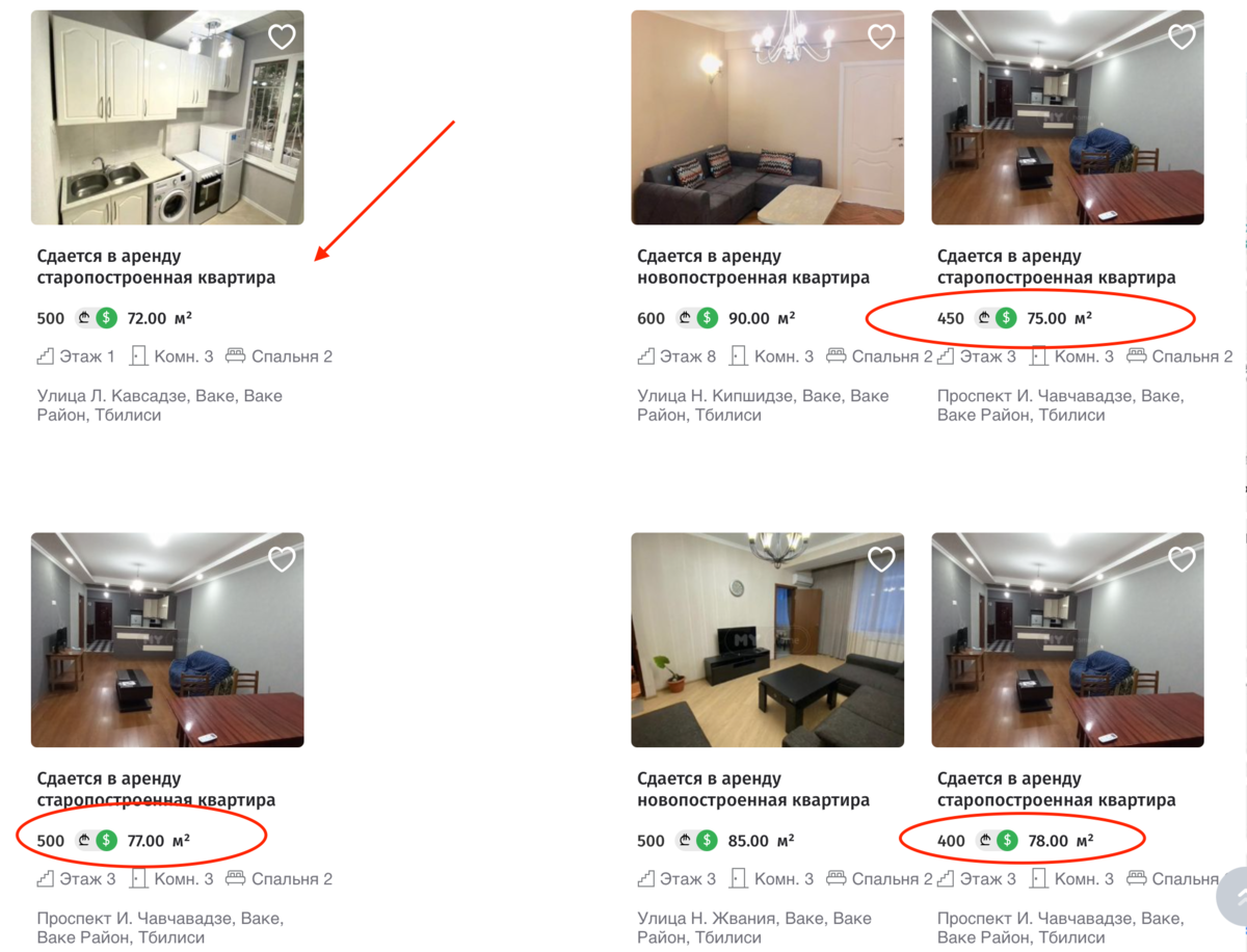 Одно и то же объявление в выдаче от трех разных агентств, причем меняется не только цена, но и метраж. Стрелкой я отметила квартиру, которую сдали моим знакомым еще полгода назад,  она до сих пор висит в выдаче. 