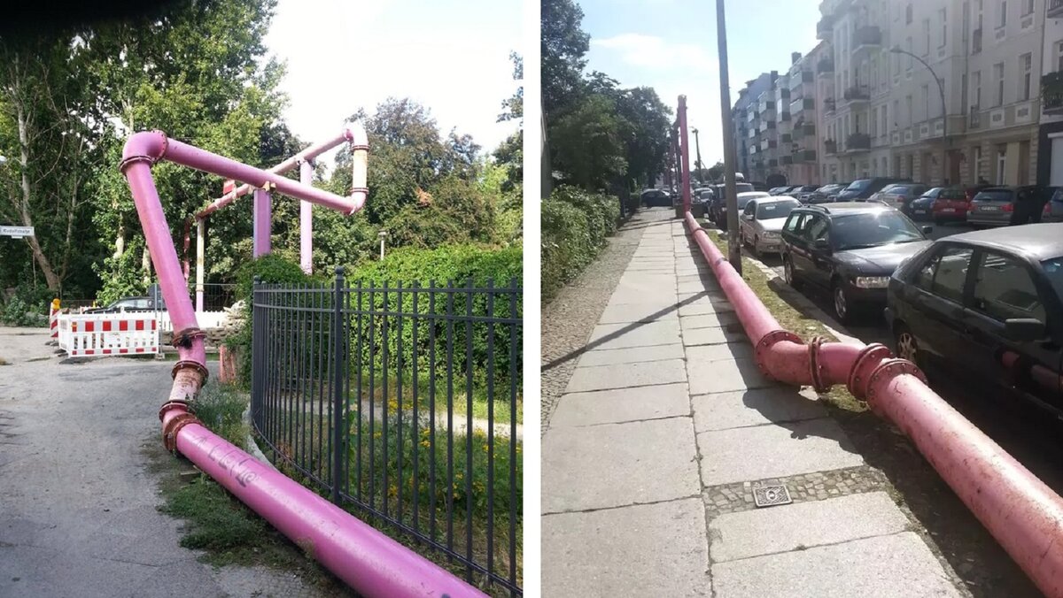 А по дороге к водоему трубопроводы идут через автомагистрали, площади, дворики.