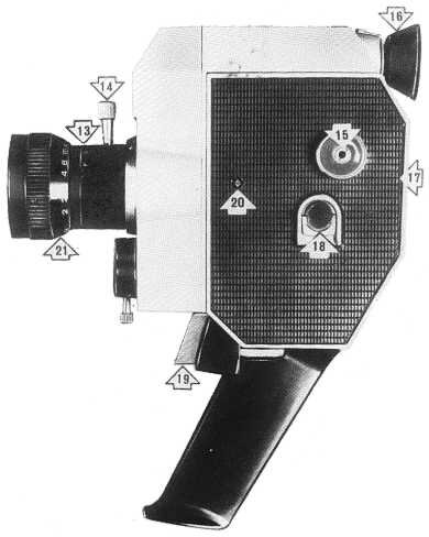 
13 — шкала фокусных расстояний объектива; 14 — поводок шкалы фокусных расстояний; 15 — гнездо для рукоятки обратной перемотки; 16 — окуляр визира; 17 — крышка аппарата; 18 — замок крышки; 19 — пусковая клавиша; 20 — знак плоскости пленки; 21 — шкала дистанций