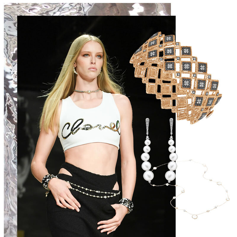 На фото: модель с показа Chanel SS 2022 || серьги Aqua и колье Venus, все Utopia, браслет Roberto Coin Palazzo Ducal