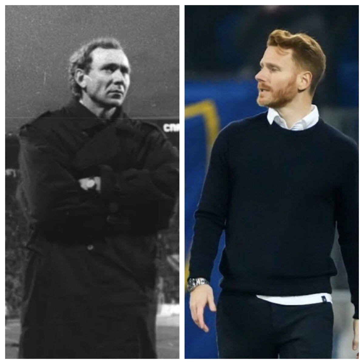 Олег Романцев во время матча "Спартака" с "Марселем" в 1991-м и Гильермо Абаскаль на матче "Базеля" с "Марселем" в 2022-м.