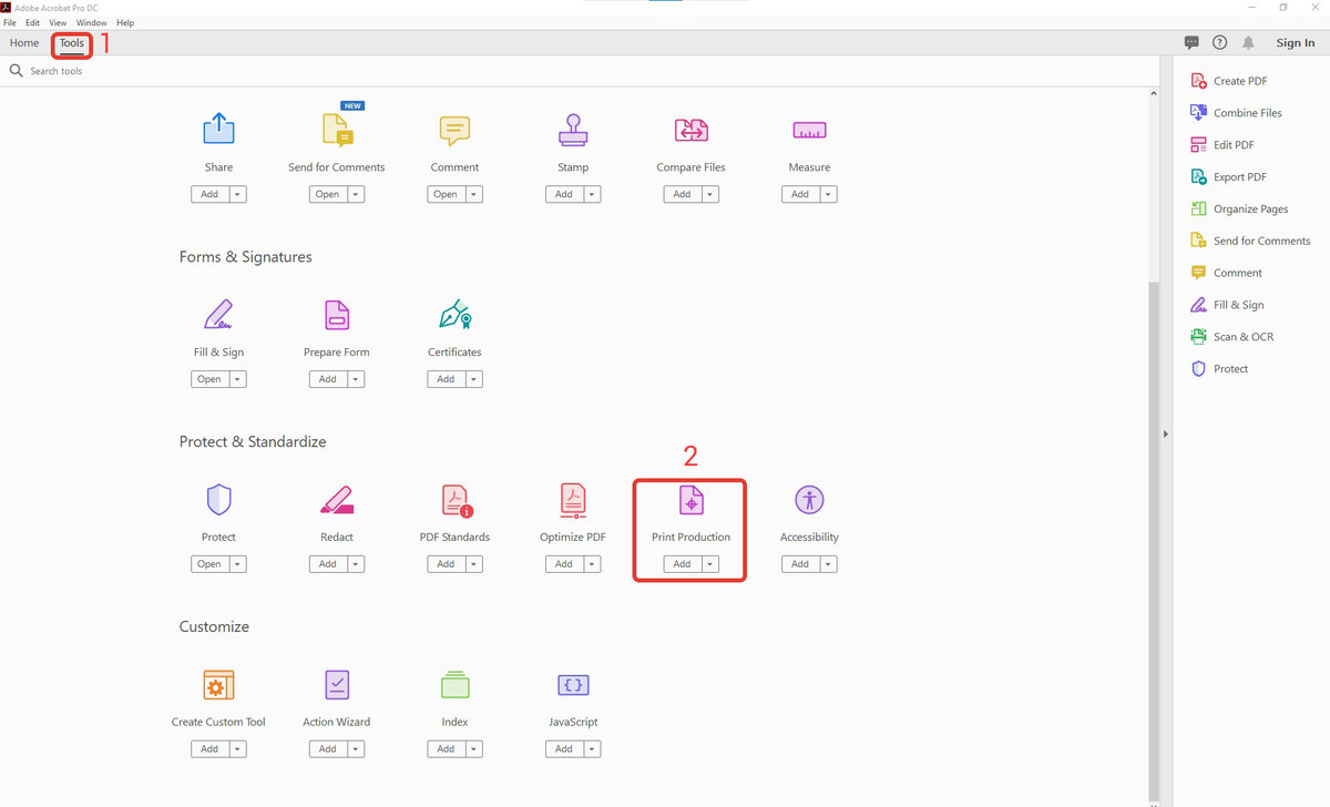 Иллюстрация 2. Подраздел Print Production во вкладке Tools в Adobe Acrobat