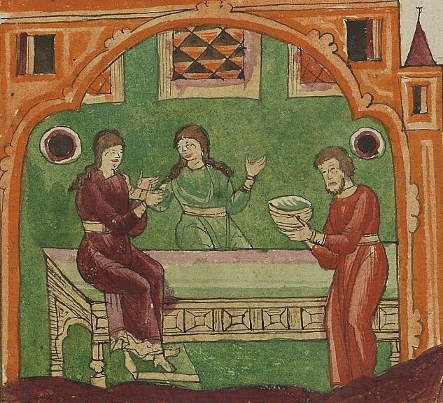 Знатные женщины в тереме. Деталь миниатюры из рукописной книги: Лекарство душевное. Троице-Сергиев монастырь, 1670. Никифор и Семён Кузьмины.