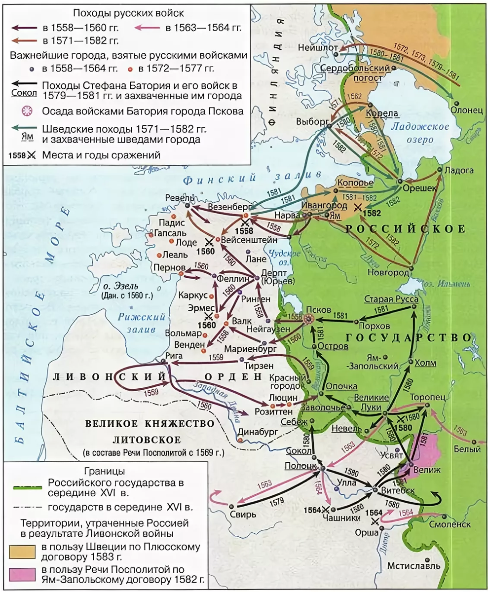 Ям запольский договор с речью посполитой. Карта Ливонской войны 1558-1583.