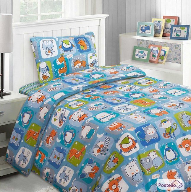 Простыня — 150×214 см, пододеяльник — 143×215 см, наволочка — 50×70 см; материал — бязь, состав — 100 % хлопок. Фотографии взяты с сайта postelio.market