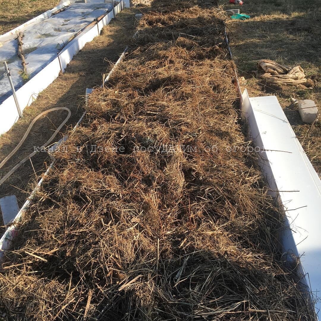 Наши пусть не красивые, но добротные высокие картофельные грядки из того, что было под рукой