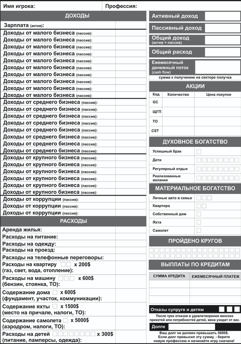 Бланк игры "Денежный поток"