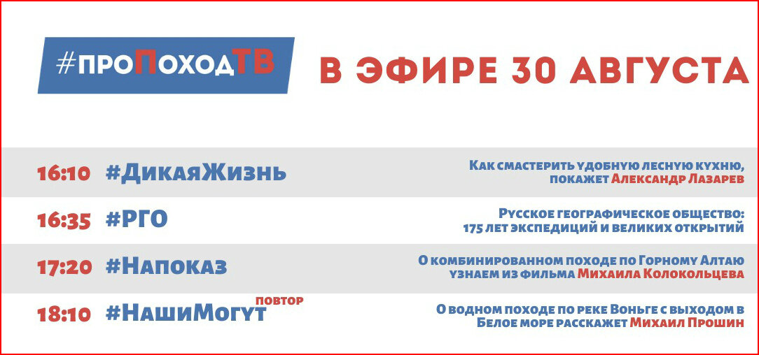Про поход ТВ. Лаборатория путешествий. Большое приключение. Программа передач