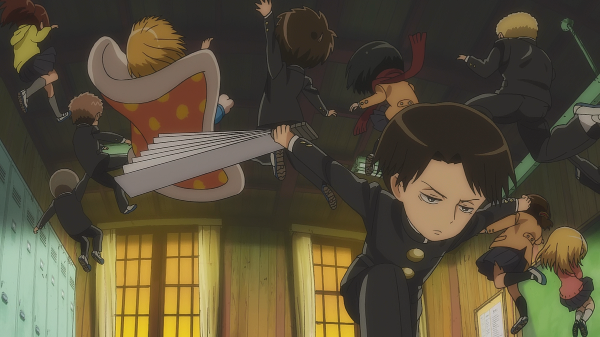 Леви избивает главных героев, за не надетую сменную обувь