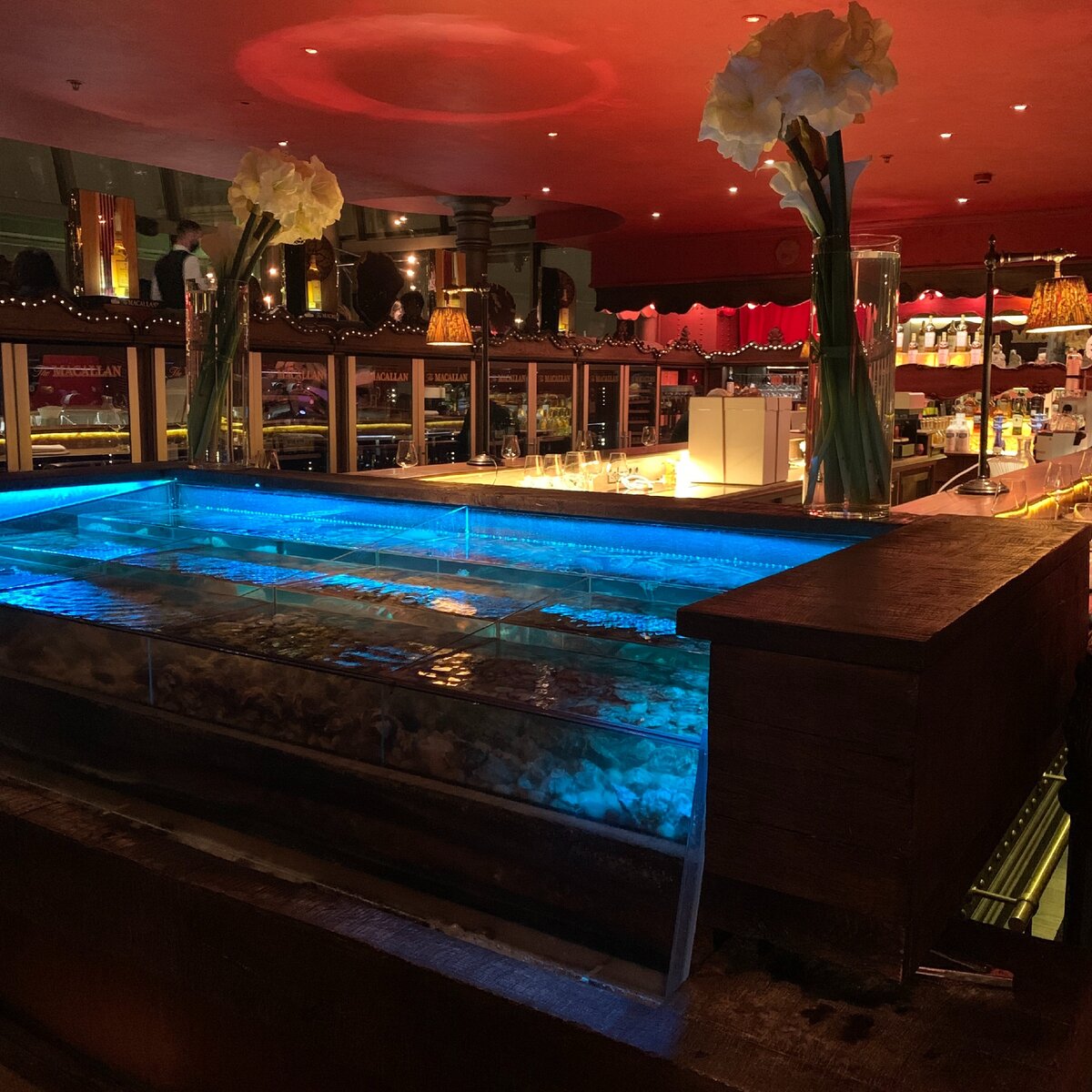 Витрина с морепродуктами на первом этаже