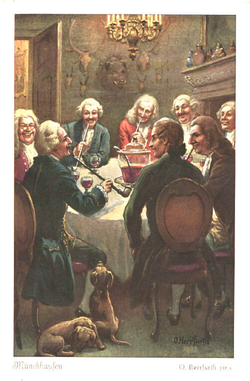 Мюнхгаузен рассказывает истории. Старинная почтовая открытка. Фоторепродукция из открытых источников.