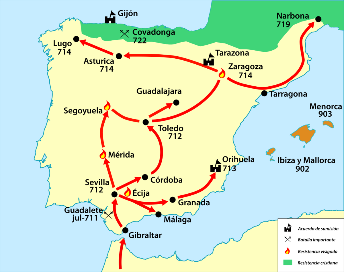 Битва при Ковадонге 718. Арабское завоевание Испании карта. Реконкиста битва при Ковадонге. Тарик ибн Зияд битва при Гвадалете.