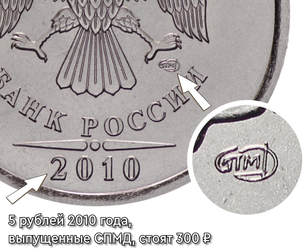 Проверяем дату 2010 и знак "СПМД". В этом случае монета стоит 300 рублей. В публикации использованы фрагменты изображений с сайта escande.ru.