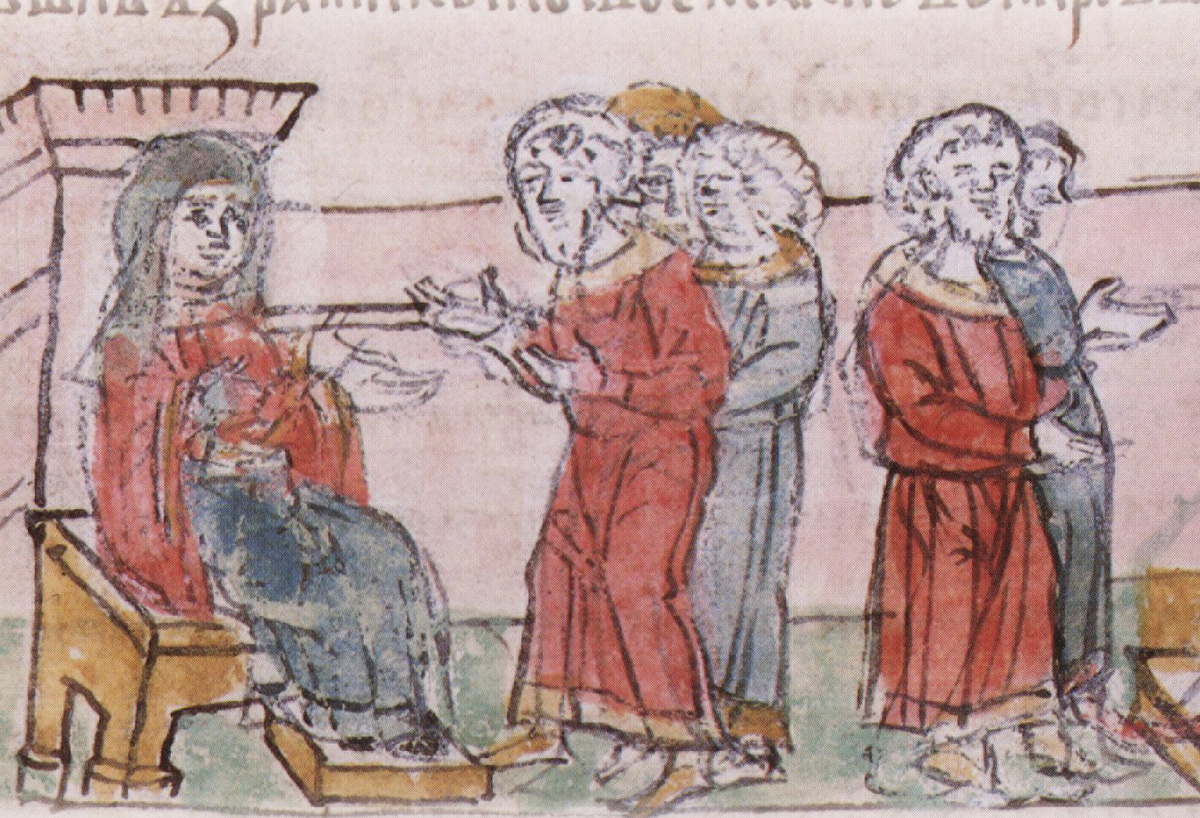 Фрагмент миниатюры из Радзивилловской летописи конца XV века: княгиня Ольга устраивает погосты и налагает дань. Источник: Wikimedia commons 