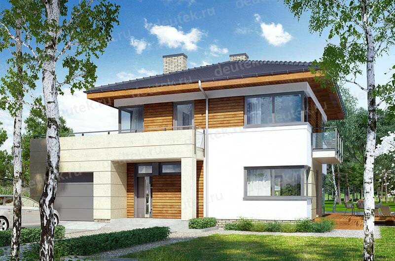 Проект двухэтажного дома 156 м2 с гаражом, эркером, балконом и террасой -  DTV100220
