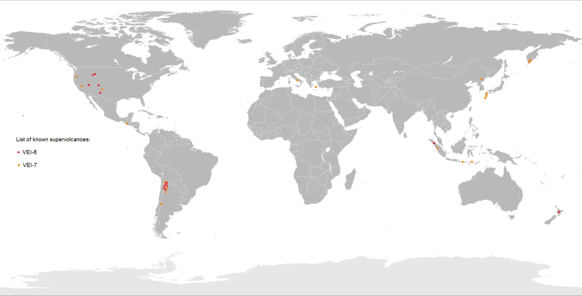 Карта известных супервулканов по всему миру.
