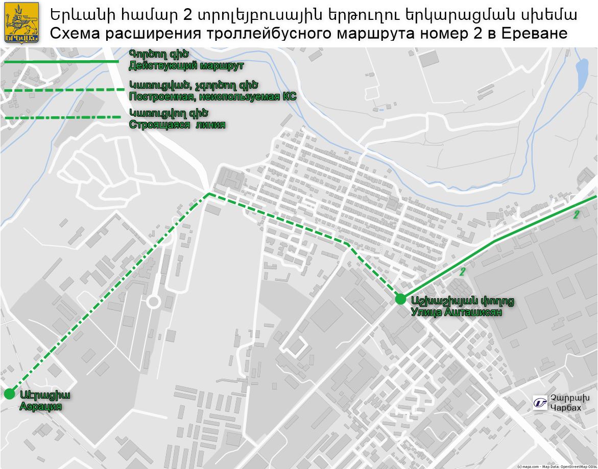 Пунктирными линиями показана строящаяся троллейбусная линия, при этом линией без точек - уже построенный участок, иллюстрация с сайта СТТС, автор Арто Лейс