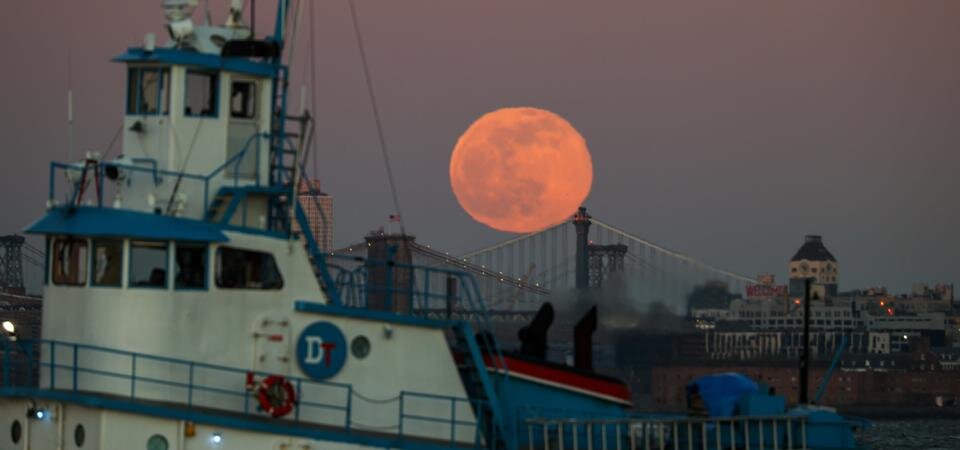 Полная луна, известная также как «Волчья луна», поднимается за Бруклинским мостом в Нью-Йорке, США Штаты, 28 января 2021 г. (Фото Тайфуна Джошкуна / агентство Anadolu через Getty Images)