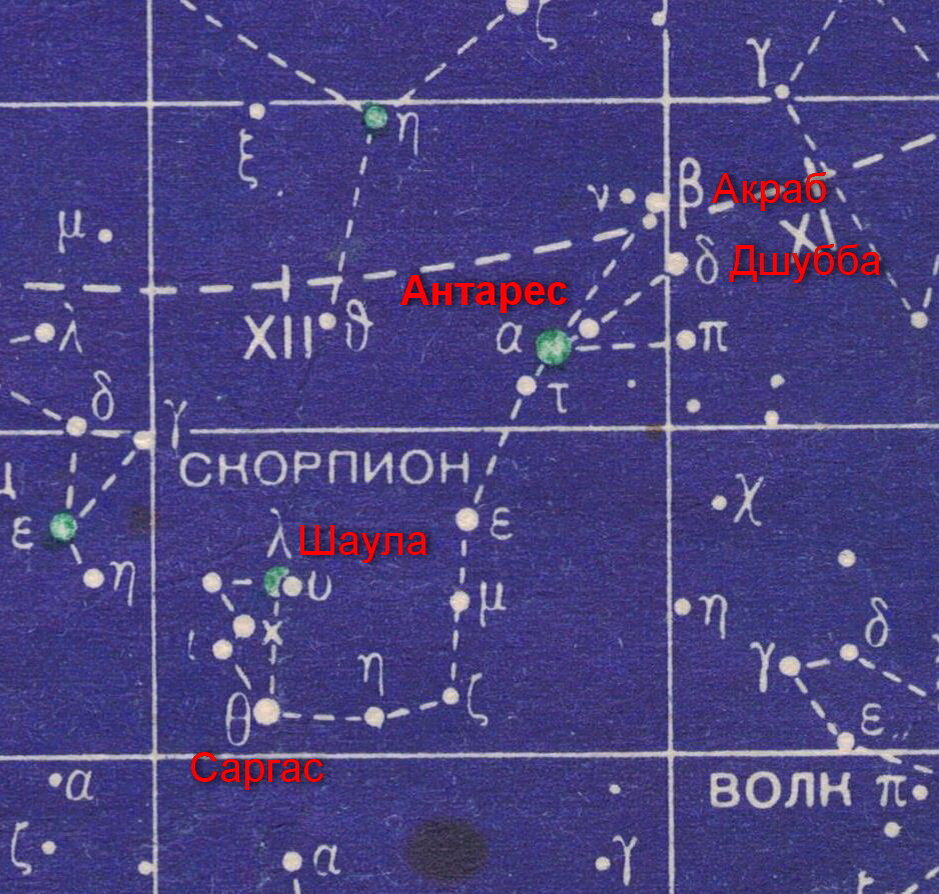 Альфа Скорпиона - Антарес, бета - Акраб, дельта - Дшубба, тетта - Саргас, лямбда - Шаула.