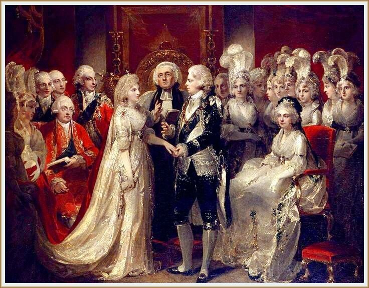 Свадьба Джорджа, принца Уэльского, и принцессы Каролины Брауншвейгской состоялась 8 апреля 1795 года в Королевской часовне Сент-Джеймсского дворца в Лондоне. Автор картины Дюпон Гейнсборо. 