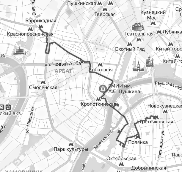 Путь от Третьяковской до Баррикадной, 8 км.
