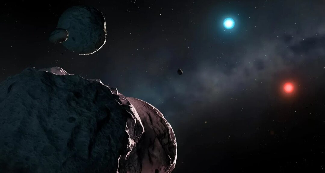 Обломки древних планет, кружащихся вокруг двух белых карликов, «синего» WDJ1922+0233 и «красного» WDJ2147-4035, в представлении художника. Источник: University of Warwick/Dr Mark Garlick