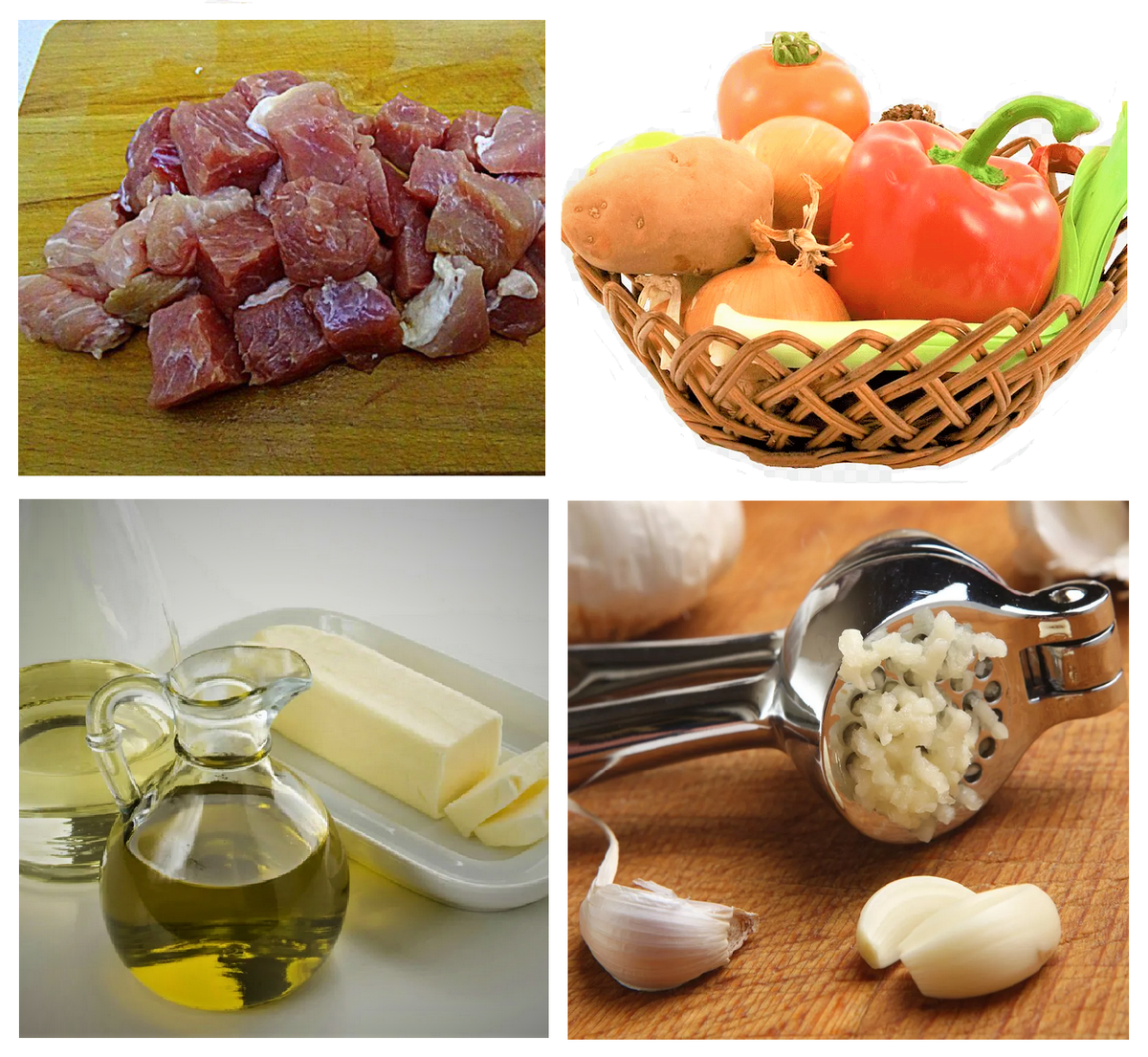 На фото продукты, которые входят в перечень приготовления "Супа-гуляша "По венгерски"".