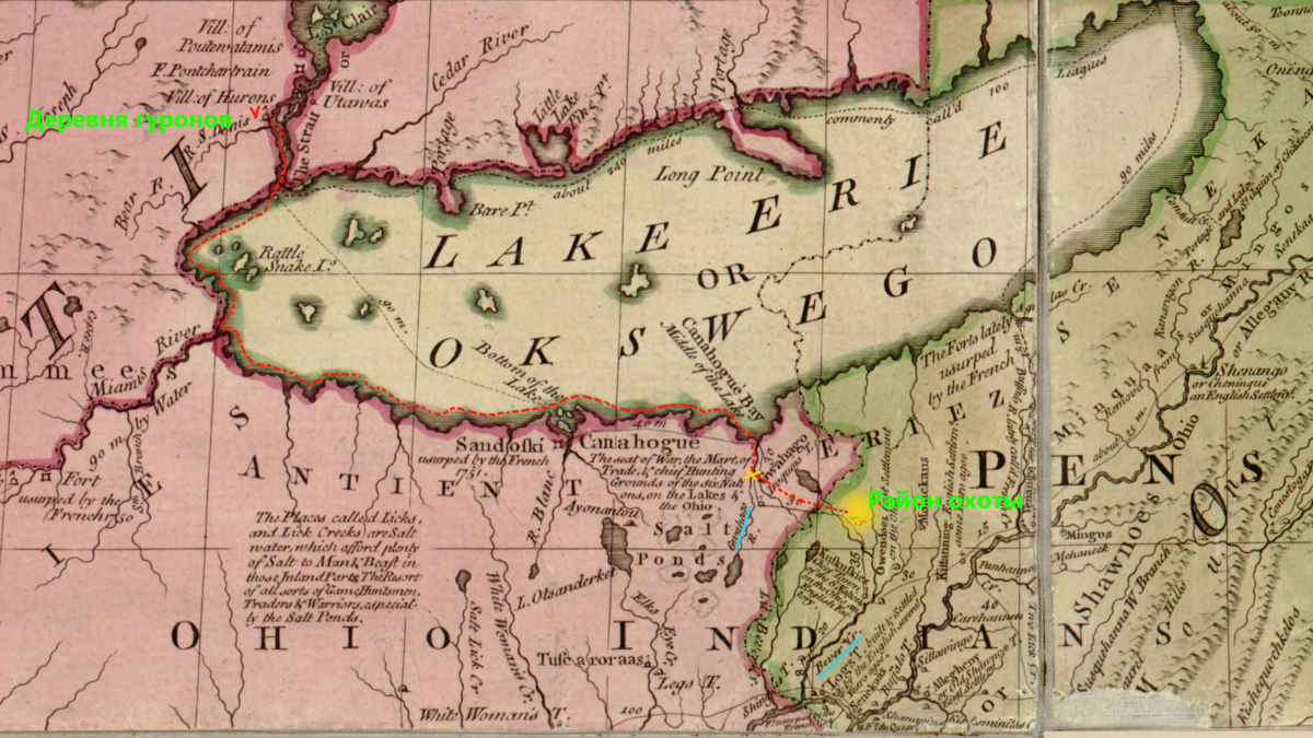 Маршрут группы Смита от места охоты до деревни виандотов весной 1757 года. Фрагмент "Карты британских и французских владений в Северной Америке", изданной в Лондоне в 1755 г.