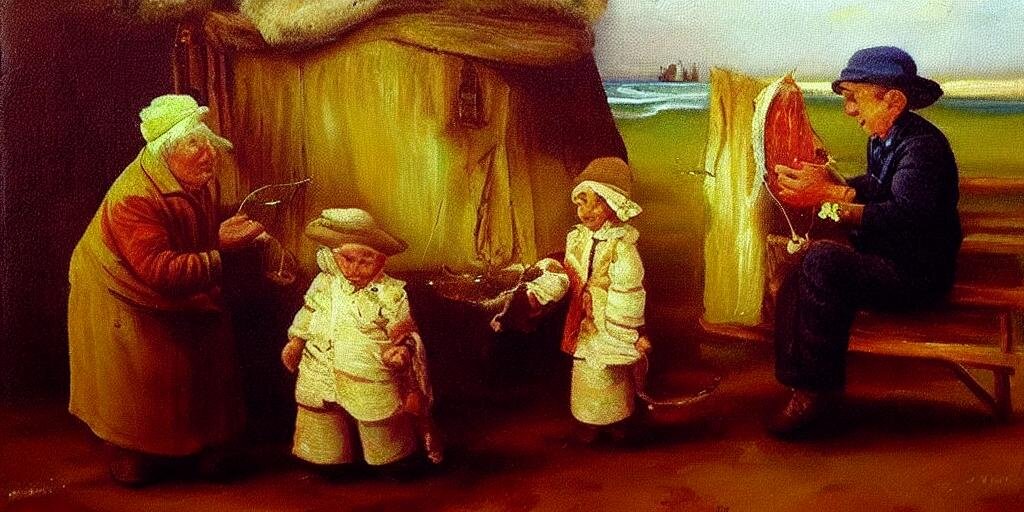 "Рыбак дарит рыбу одинокой бабушке" ИИ далли, правообладатель ПАО СберБанк©