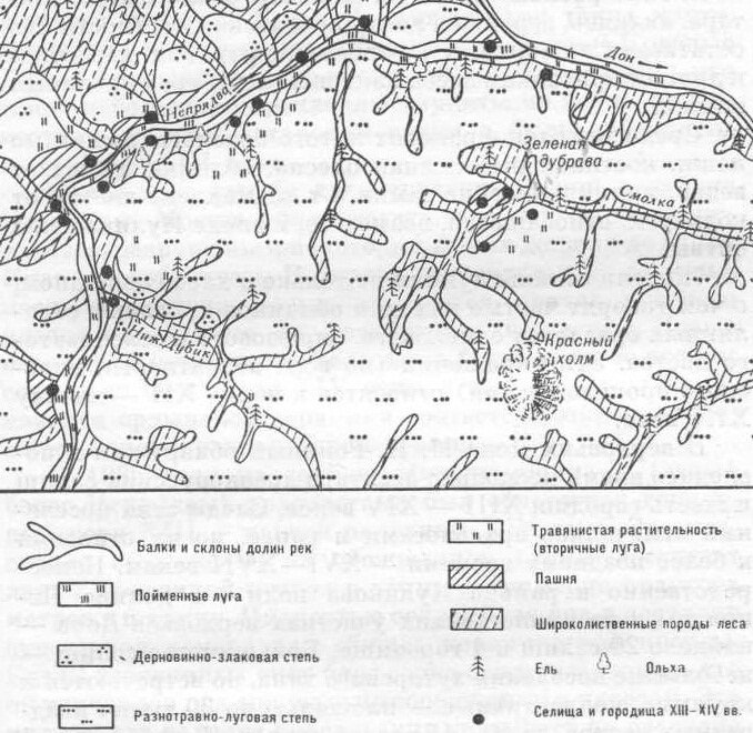 Карта Куликова поля на конец 14-го века из книги Н.А.Хотинского "Ковыль-трава на Куликовом поле"