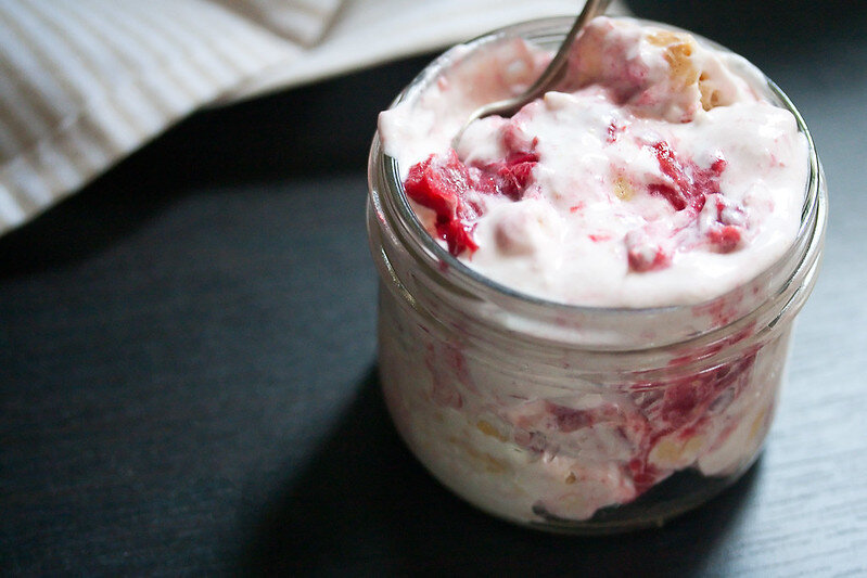 Rhubarb (ревень, |ˈruːbɑːrb| ) Eton mess. Photo by  Isabelle Boucher, https://flic.kr/y/3BNPnXo