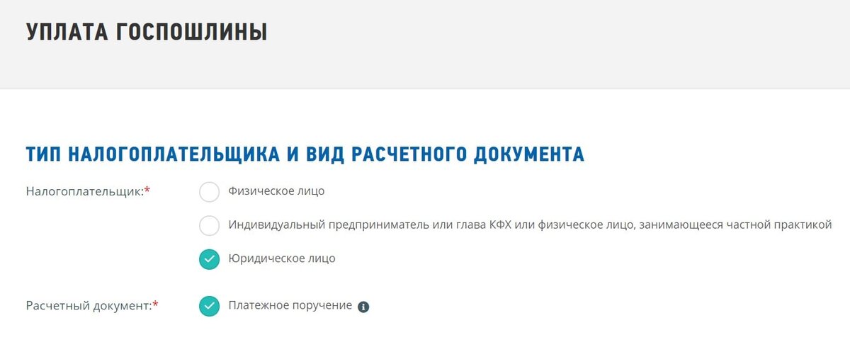 Создание квитанции на оплату госпошлины