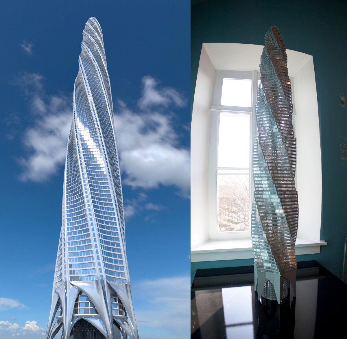© Milkomède / CC BY-SA 4.0 и Thisisbossi / flickr.com (Слева – 3-D модель «Чикаго-спайр»; справа – макет небоскреба)