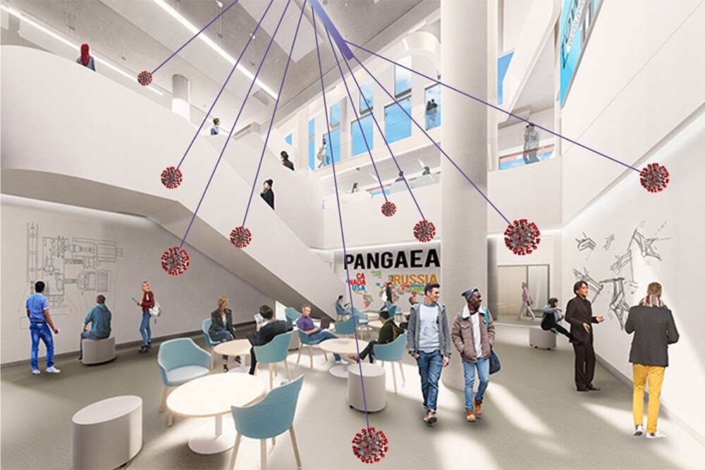 Художественная визуализация будущего внутреннего общественного пространства в Техническом университете Онтарио (открытие здания запланировано на осень 2021 года). 