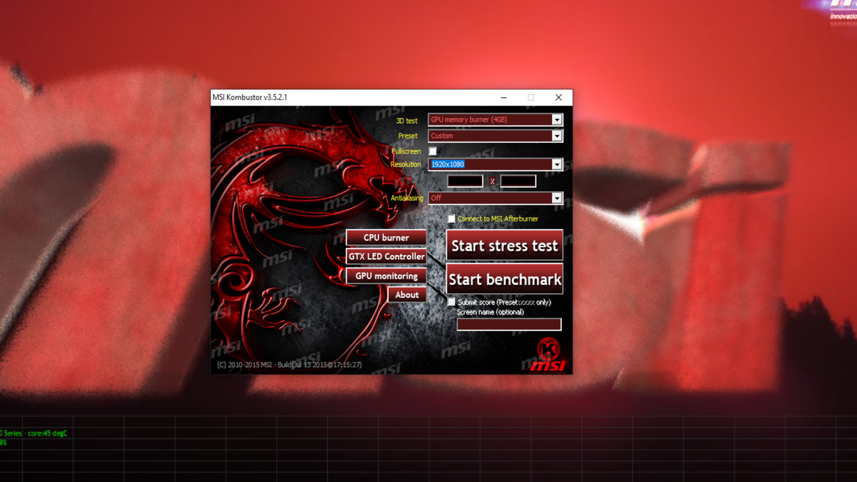 Интерфейс программы MSI Kombuster