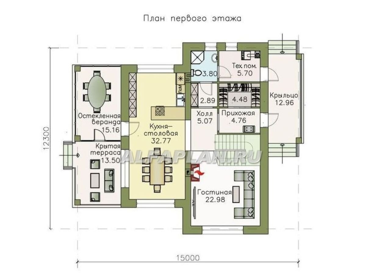 НА СЛАЙД-ШОУ 2 ФОТО: Планировка дома по проекту "Счастье рядом" 539А
1 этаж – общие помещения. Просторное крыльцо ведет в прихожую с гардеробной. Рядом с входной группой находится кладовая, санузел с душевой, из которого можно попасть в тех.помещение (котельную). Светлая гостиная с камином отделена от объемной кухни-столовой арочным проемом. Из кухни организован выход на веранду (на которой будет комфортно проводить время в межсезонье), и далее, на крытую террасу.