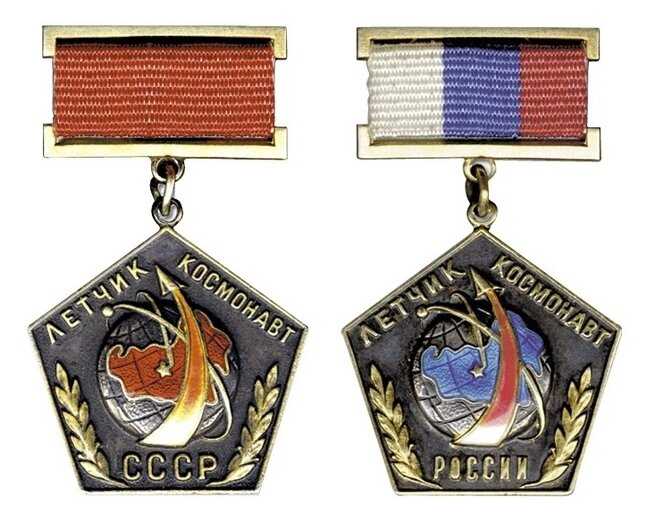 Данные знаки изготовлены из серебра в виде пятиугольников с выпуклым позолоченным ободком. В центре знаков размещены выполненные из эмали изображения земного шара с обозначенной красным цветом территорией СССР (синим цветом - территорией РФ). Земной шар опоясан орбитой спутника. Вверху знаков, над земным шаром, расположена выпуклая золотая надпись "ЛЕТЧИК КОСМОНАВТ", а под земным шаром - аббревиатура "СССР" (слово "РОССИИ"). В нижней части имеются 2 выпуклые золотые лавровые ветви. Нагрудный знак с помощью ушка крепится к серебряной позолоченной колодке, покрытой красной муаровой лентой (лентой цветов национального российского флага). На задней стороне колодки имеется штифт с гайкой для крепления знака к одежде. В соответствии с пунктами положений о звании знак носится на правой стороне груди и при наличии у лиц, удостоенных этого звания, орденов СССР/РФ, размещается над ними