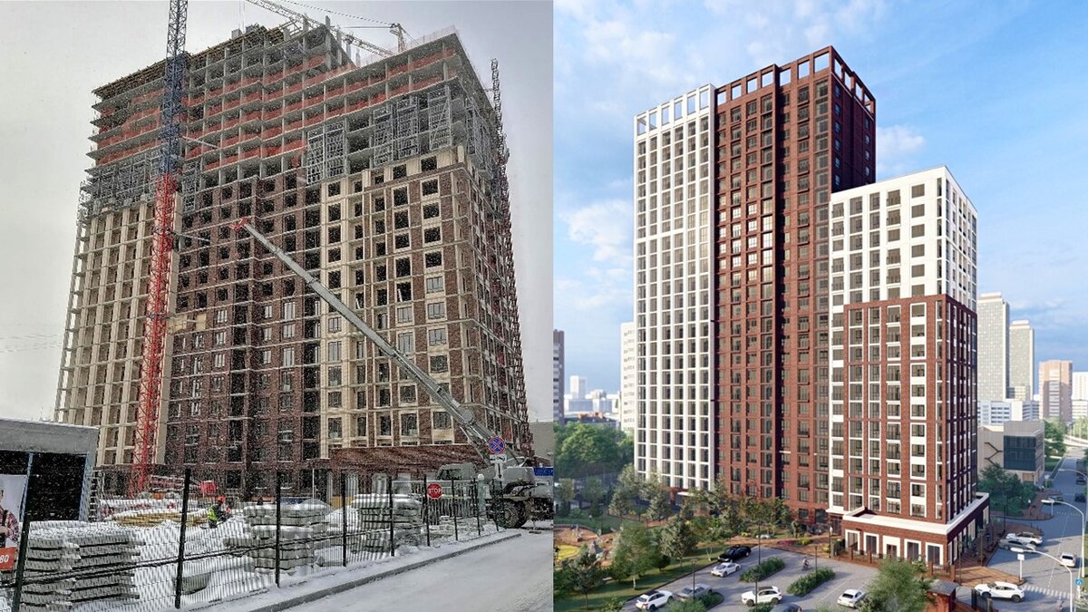 Вид стройки Державина 50  в ноябре 2021 и то каким он планируется быть после сдачи. Сдача ноябрь - декабрь 2023 года. 