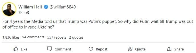 Скришнот из gab. Перевод: «На протяжении 4 лет СМИ говорили, что Трамп - марионетка Путина. Зачем тогда Путин ждал, пока Трамп уйдет, чтобы начать операцию на Украине?»