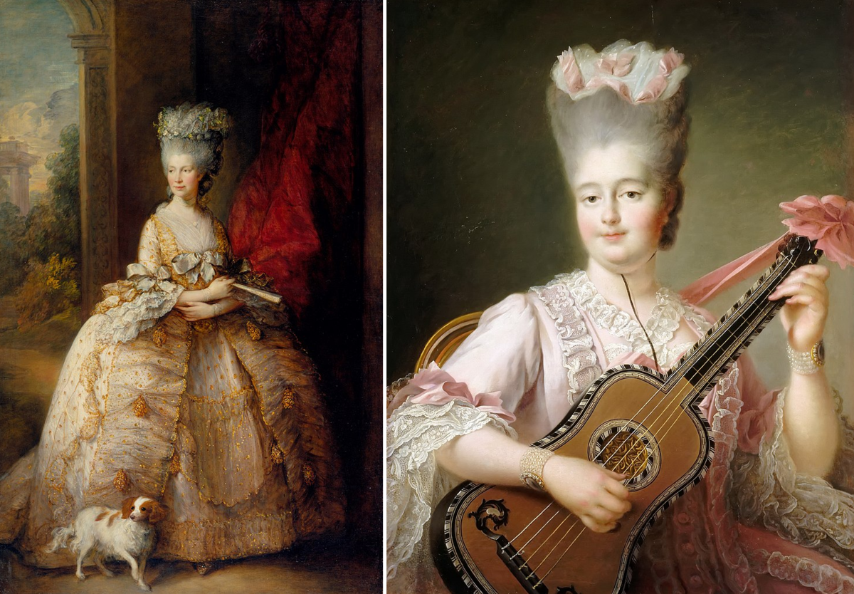 Слева - королева Шарлотта, Томас Гейнсборо, 1781. Справа - мадам Клотильда, играющая на гитаре, Франсуа-Юбер Друэ, 1775. (сс) Wikimedia Commons