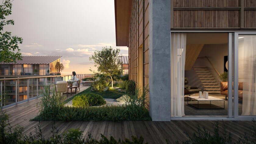    Так выглядят террасы в более роскошных квартирах. Для жителей более скромных апартаментов предусмотрена крыша. Фото: New Atlas