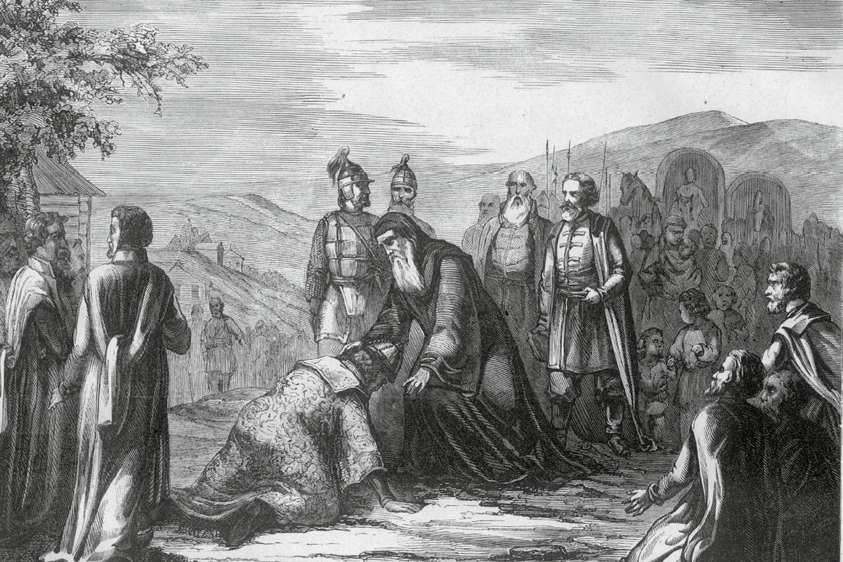 Царь Михаил Федорович встречает своего отца митрополита Филарета у реки Пресны вблизи Москвы. 14 июля 1613 года. Гравюра Р. Молво