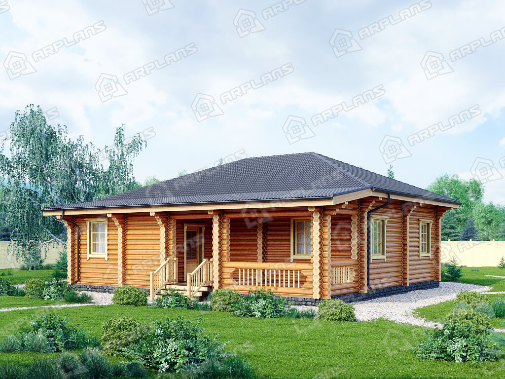 Фото 1 одноэтажного деревянного дома из бревна с 3 спальнями, газовой котельной. 110 кв м. Источник arplans.ru Проект ДО-141