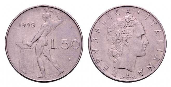 Редкая итальянская монета 50 лир 1958 г.