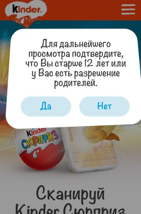Подтверждение возраста при переходе в игру.