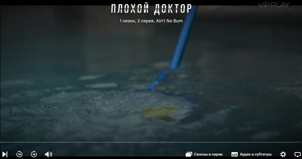 Кадр из фильма, когда один из докторов сам чистит свой бассейн со словами: "Вот же тварь! Сгноил моего чистильщика!"